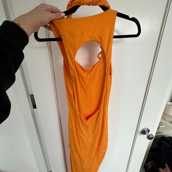 Helmut Lang Twist Maxi Dress Bead Embellished Square Neckline Orange - Picture 9 of 11